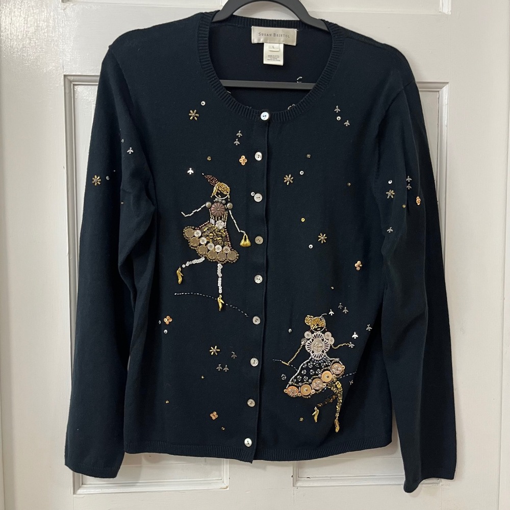 VTG Susan Bristol Beaded Dancing Ladies Sweater L Embellished Whimsical
